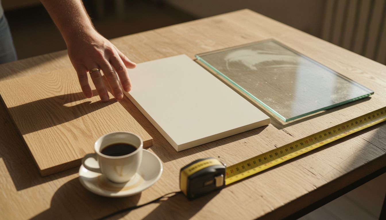 Verschiedene Tür-Materialproben liegen auf einem Holztisch ausgebreitet.