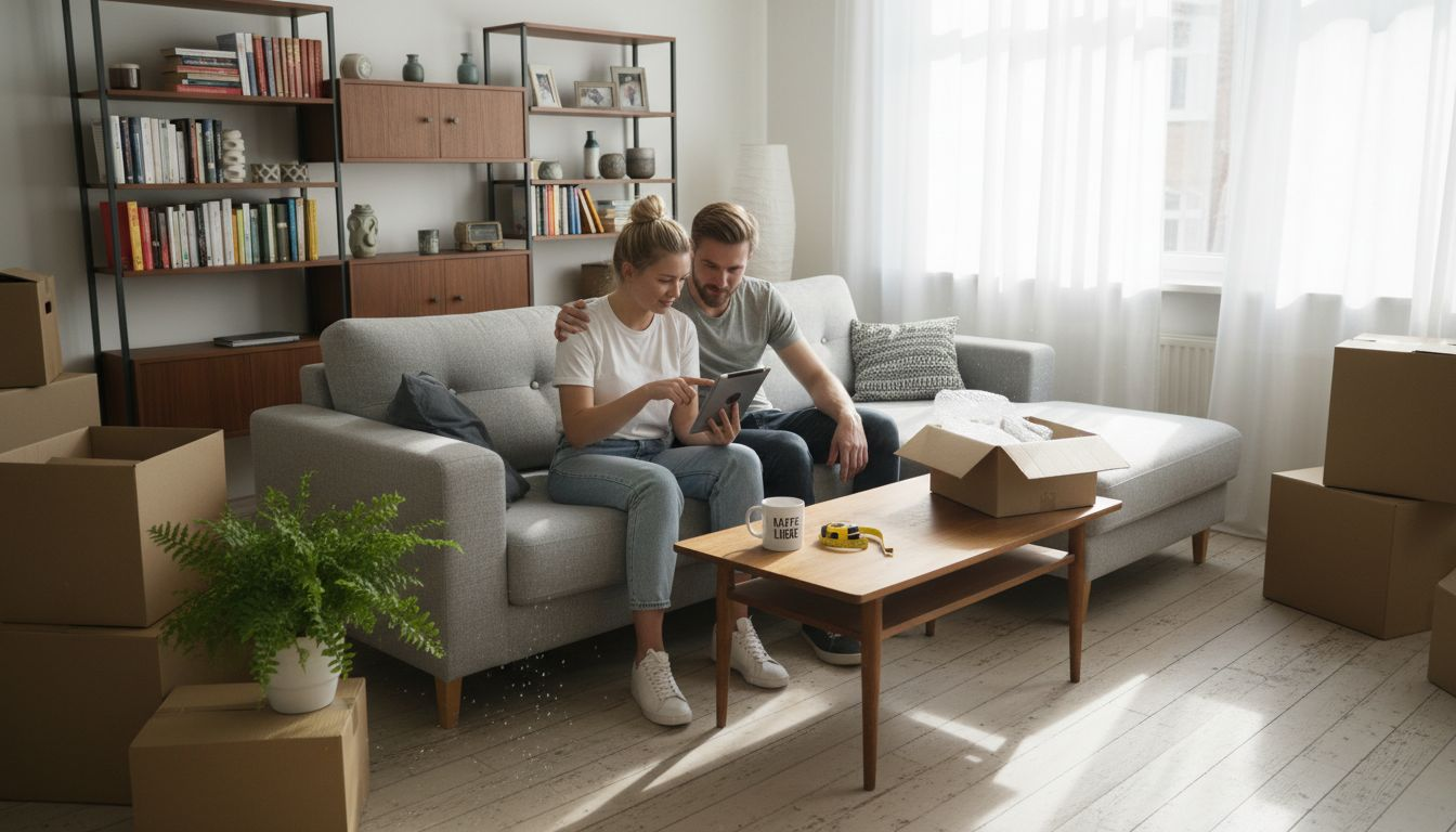 Ein Paar sitzt im hellen Wohnzimmer und bestellt gemeinsam neue Möbel im Internet.