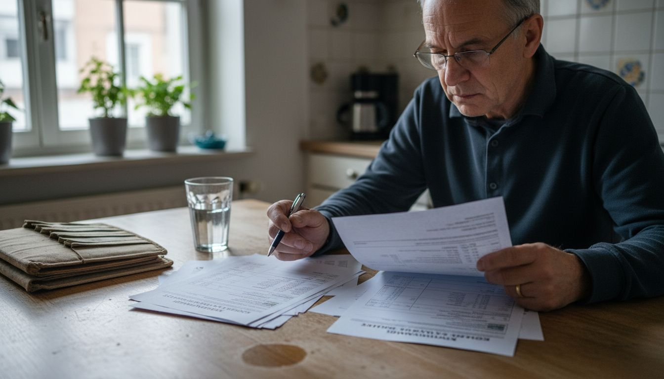 Ein Mann vergleicht zu Hause verschiedene Kostenvoranschläge für seine Zahnbehandlung.