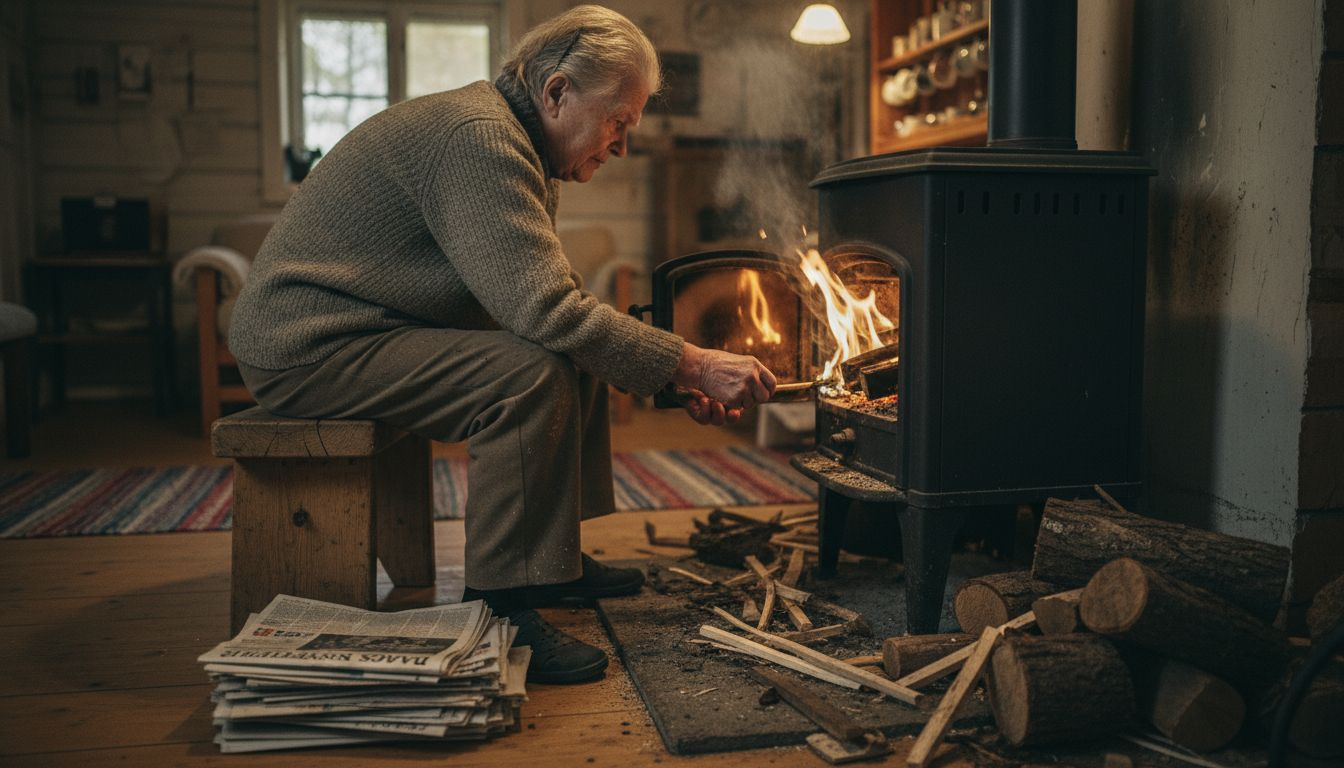 Kvinna försöker få fart på en brasa med fuktig ved, men lågorna tar sig knappt.