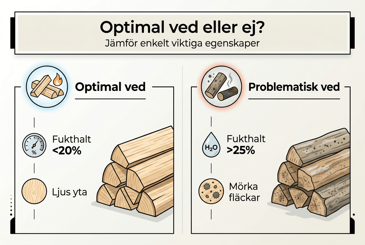 Grafisk översikt över vad som kännetecknar bra och mindre bra ved