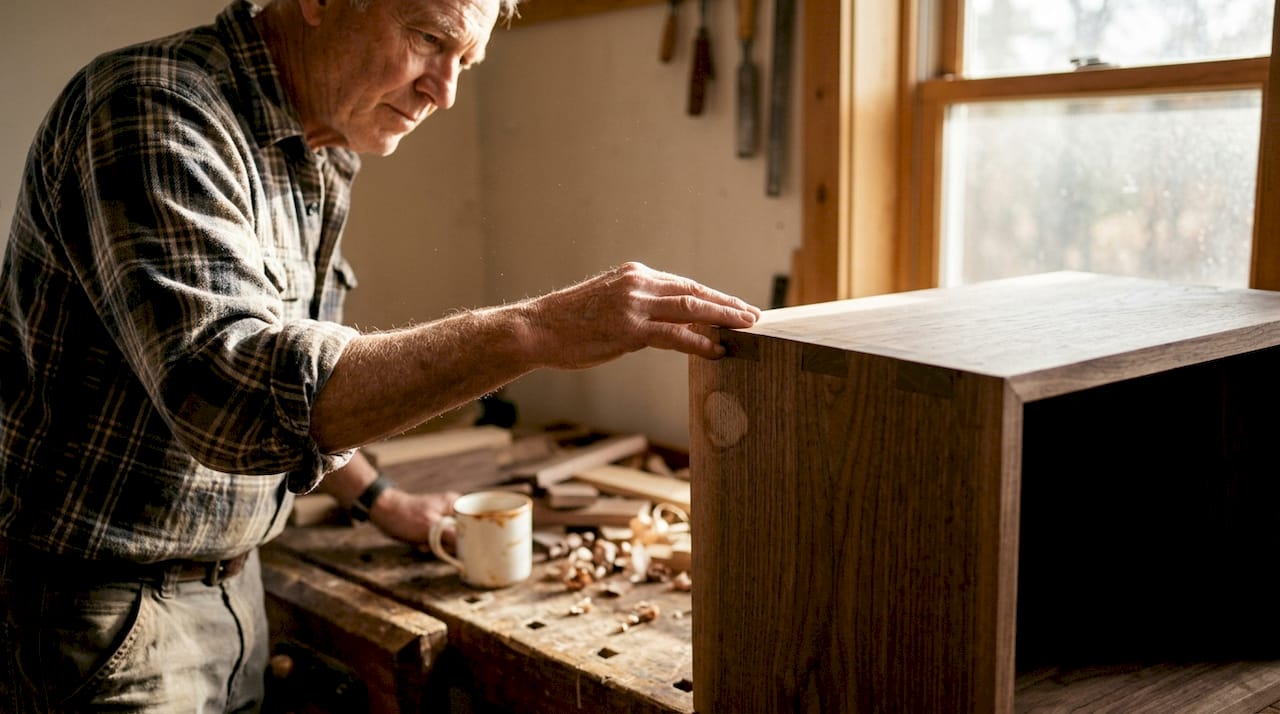 Ein Mann überprüft, wie stabil und nachhaltig der Schrank zusammengebaut ist.