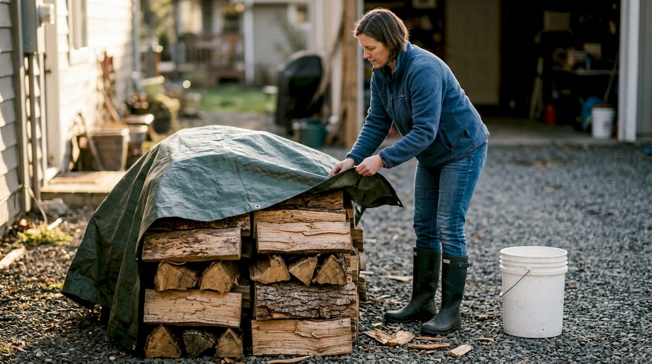 Kvinna täcker vedstapel med presenning i Värmdö