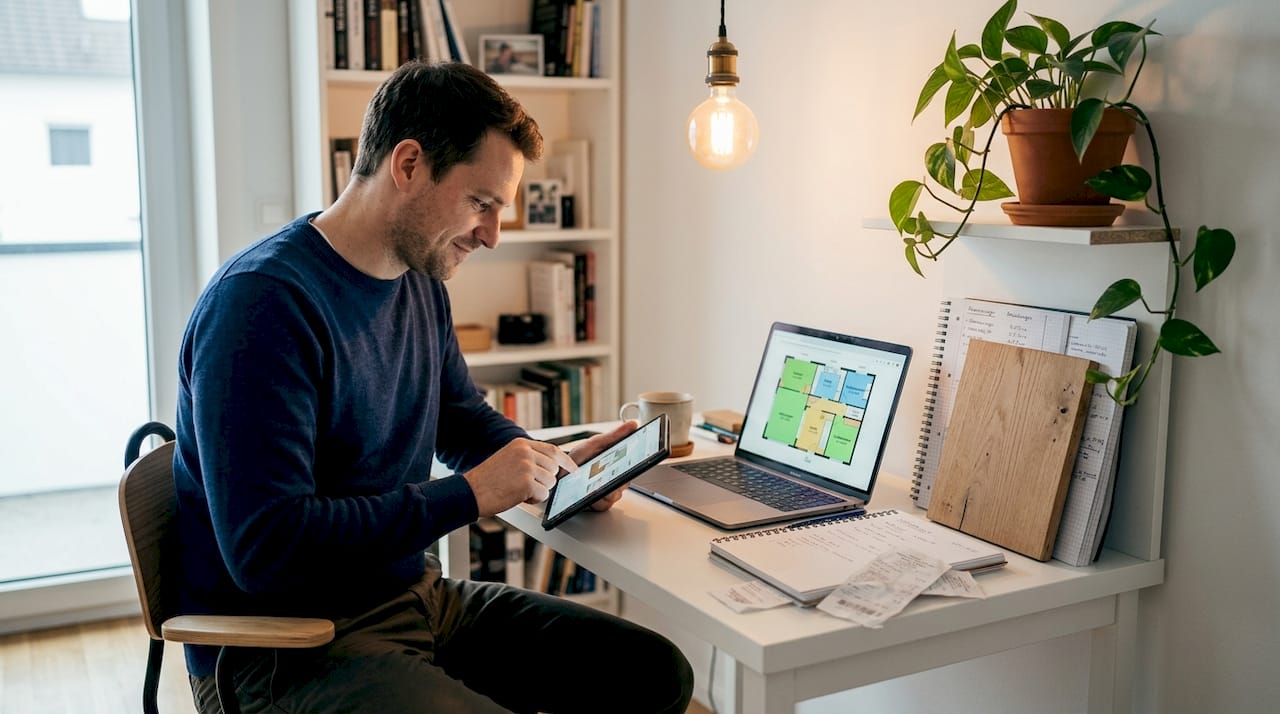 Ein Mann entwirft individuelle Möbel direkt am Tablet – ganz bequem von seinem Büro aus.