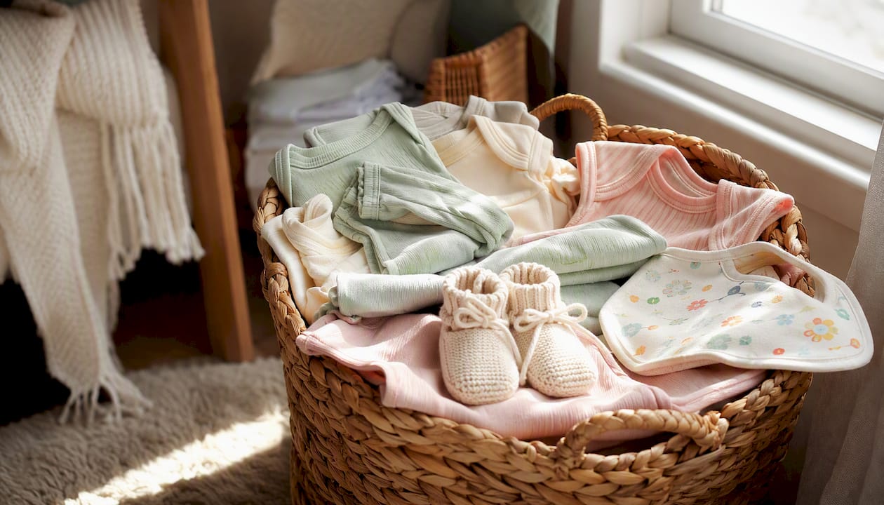 Layout of organic newborn baby clothes on wooden table