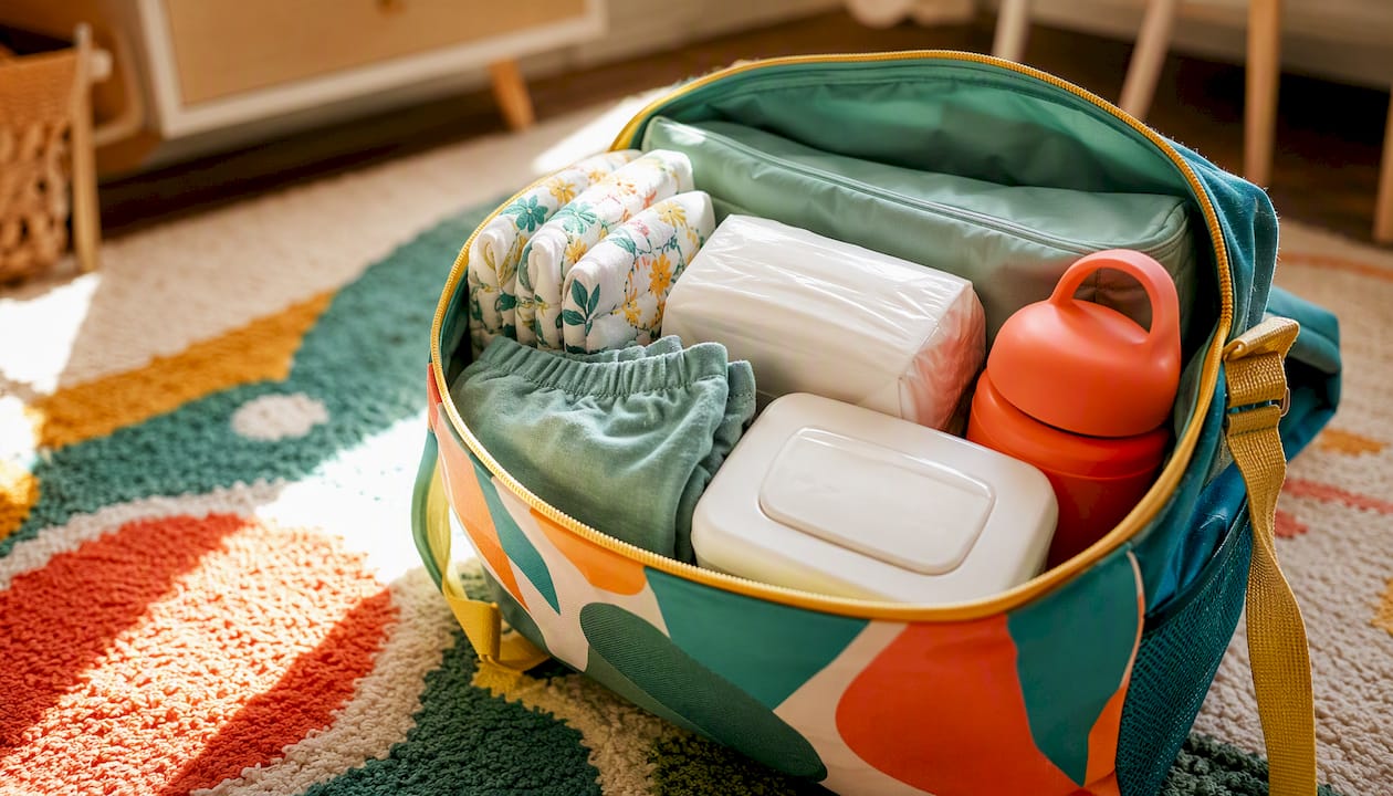 Packed toddler outing bag with training pants and supplies