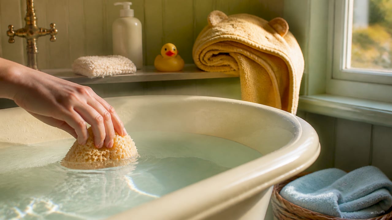 Newborn bath setup with bathing essentials ready