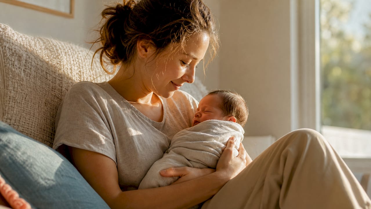 Mother in neutral soft knit dress holding newborn