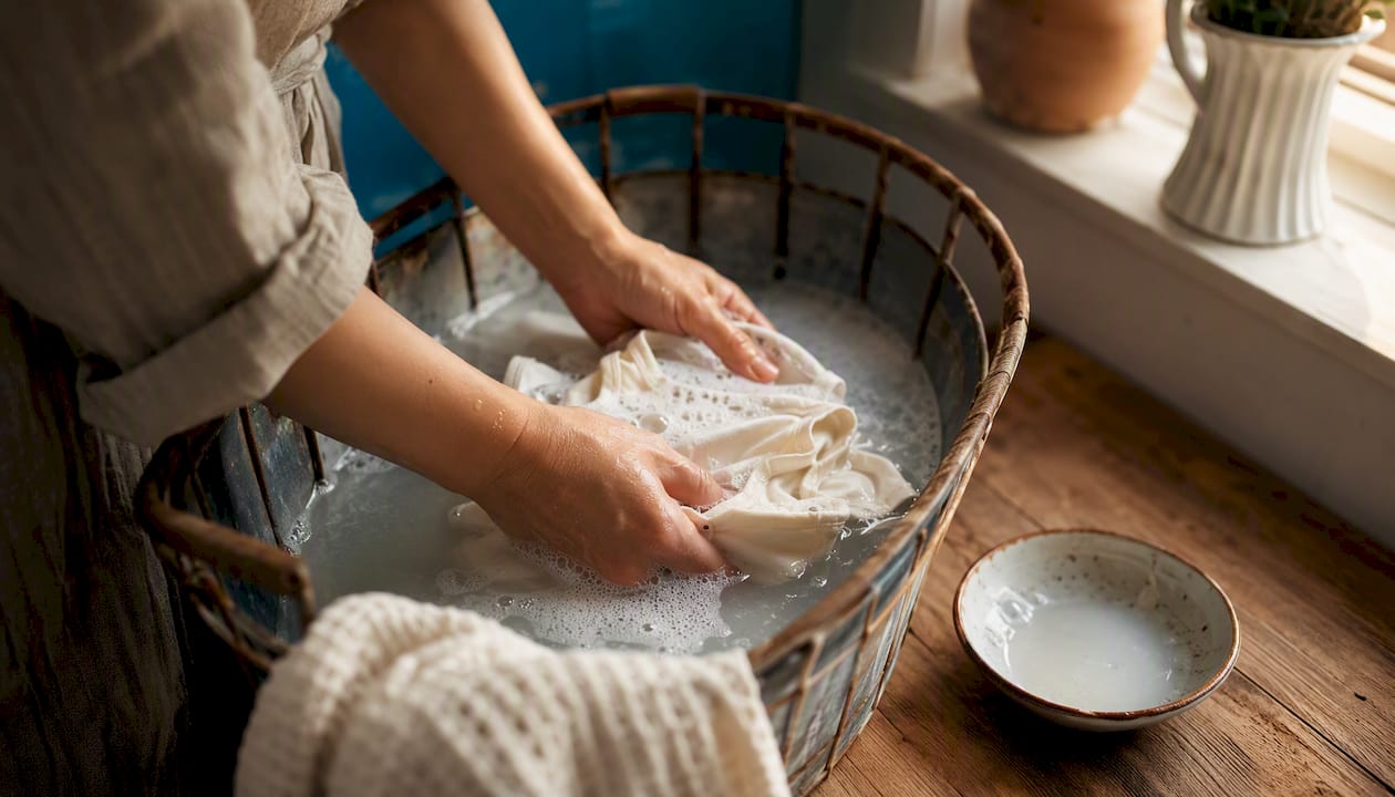 Hands hand-washing organic cotton baby clothes