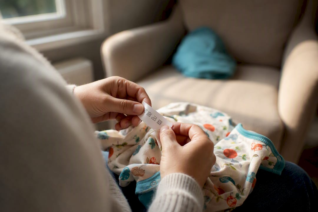 Parent’s hands reading baby clothing care label