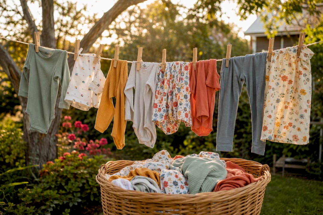 Laundry basket with baby clothes drying outdoors