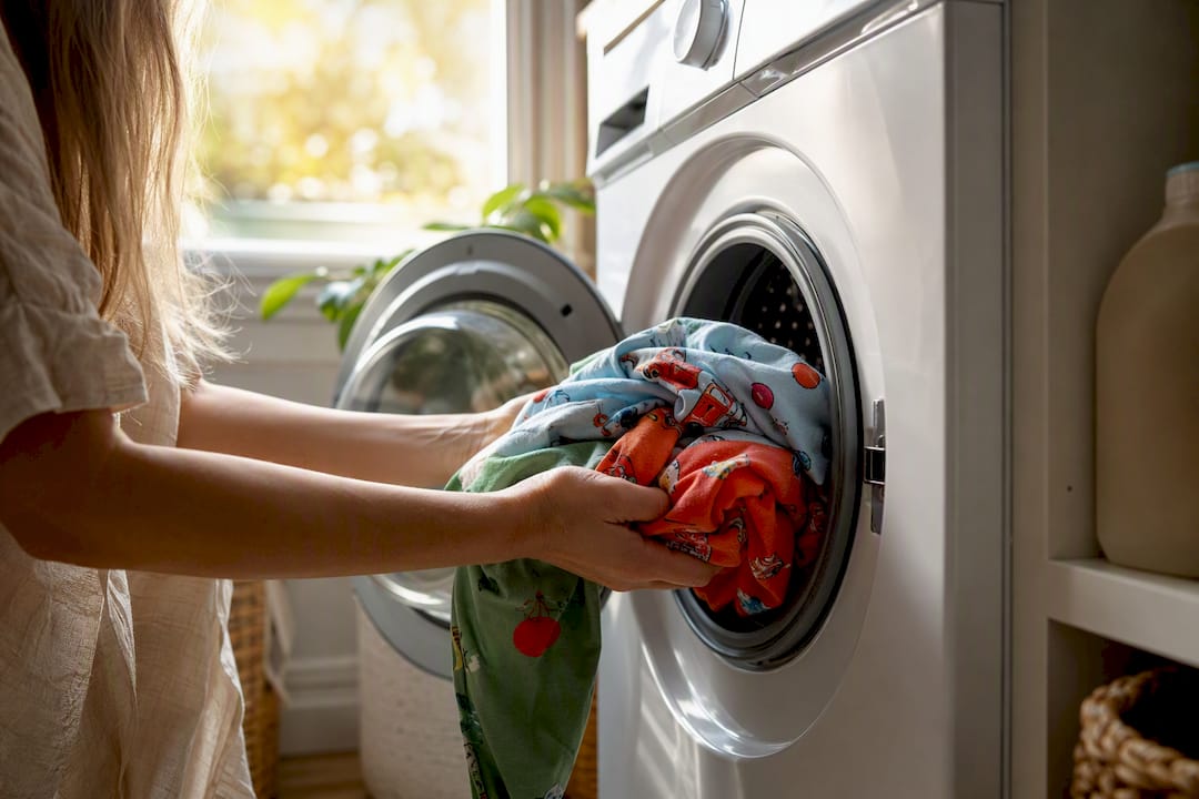 Hands placing baby clothes in washing machine