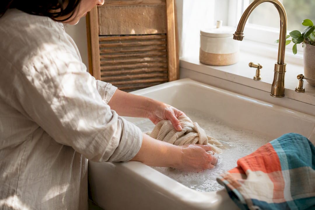 Hands handwashing merino wool baby clothes gently