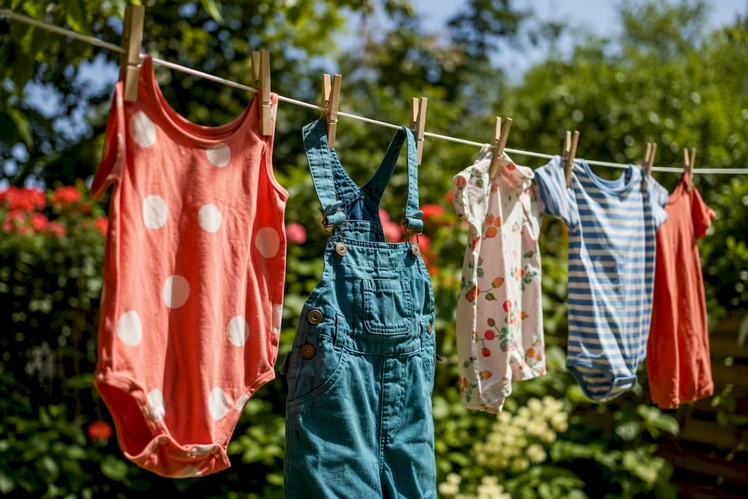 Kids clothes drying on a shaded outdoor line