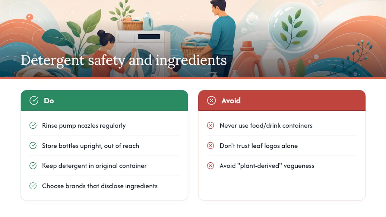 Detergent containers: safe handling and what's actually in the bottle — overview diagram