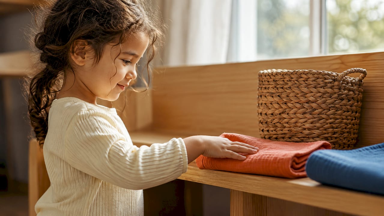 Child choosing between colourful outfit options