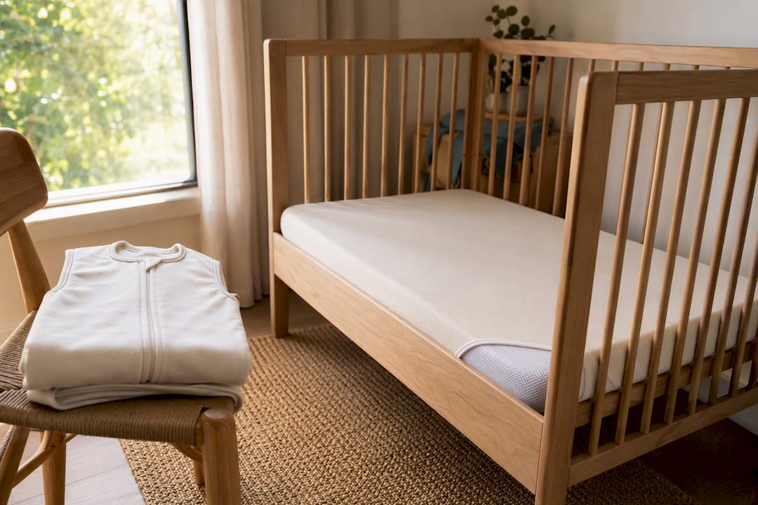 Firm cot with fitted organic bedding and sleep sack