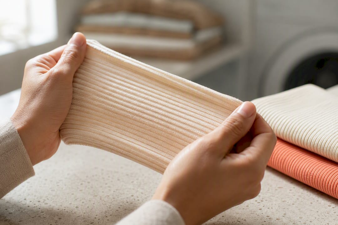 Hands testing stretch in baby clothing fabric