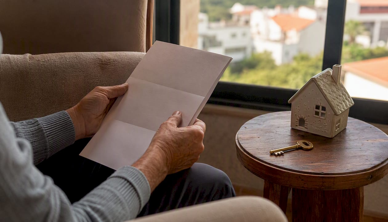 Manos sosteniendo una escritura de propiedad en blanco, junto a una llave y una maqueta de casa