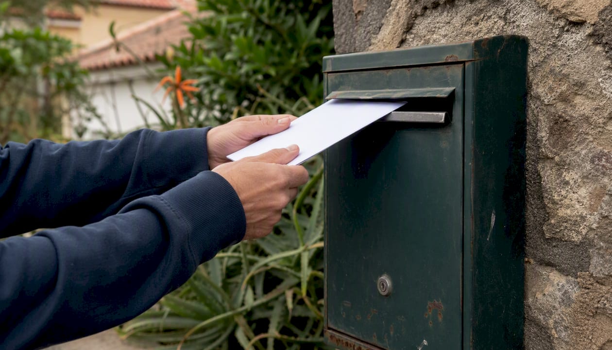 Unas manos depositan un sobre de burofax en el buzón