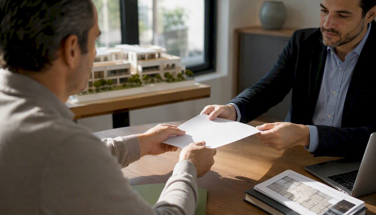 Entrega de contrato de reserva para una vivienda nueva entre dos personas