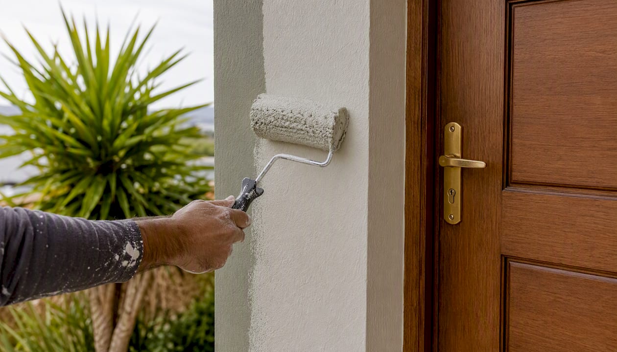 Pintando a mano la pared interior junto a la manilla de la puerta