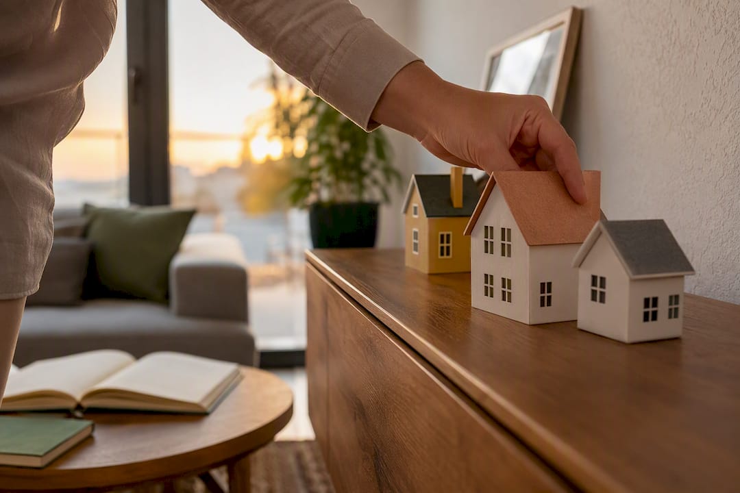 Unas manos colocando maquetas de casas en miniatura
