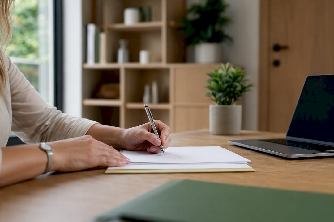 Manos entregando un formulario de solicitud de certificado