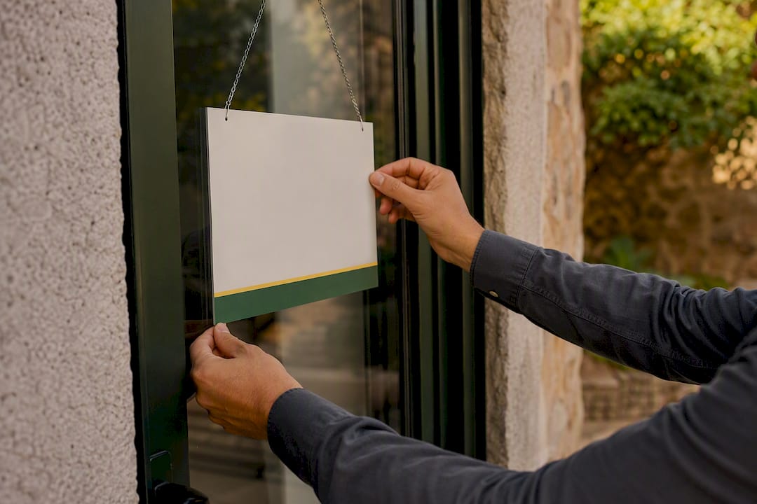 Mano colocando un cartel de 'Se Vende' fuera de la oficina de la agencia