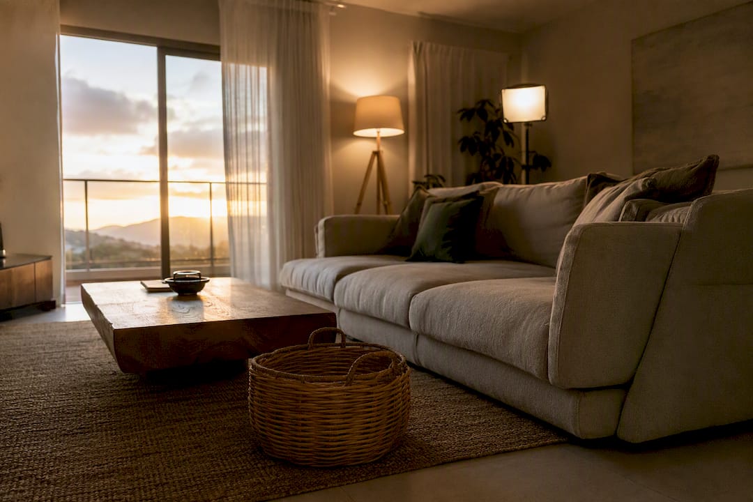 Habitación iluminada con luz natural, lámparas y panel LED