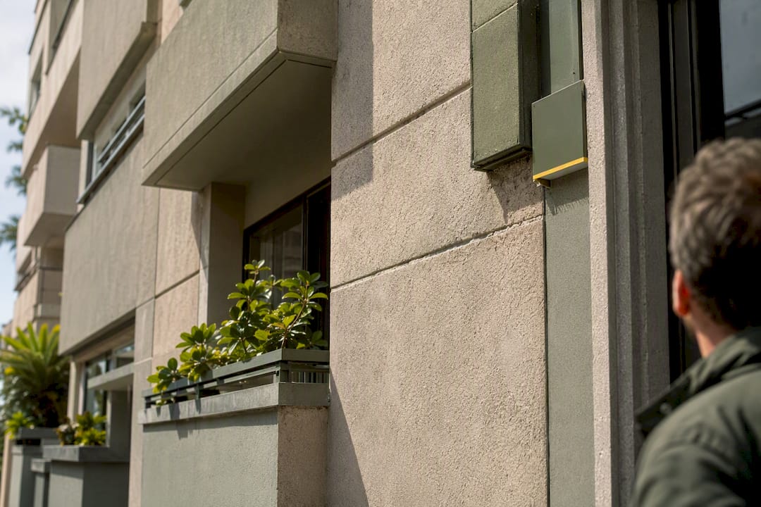 Detalle de la fachada de una vivienda durante la inspección técnica