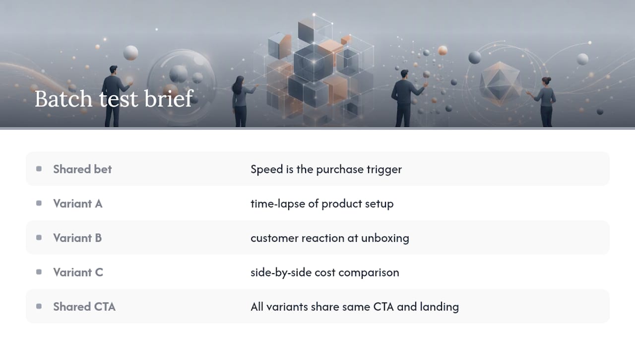 Diagram showing batch ad brief structure with shared bet and variants