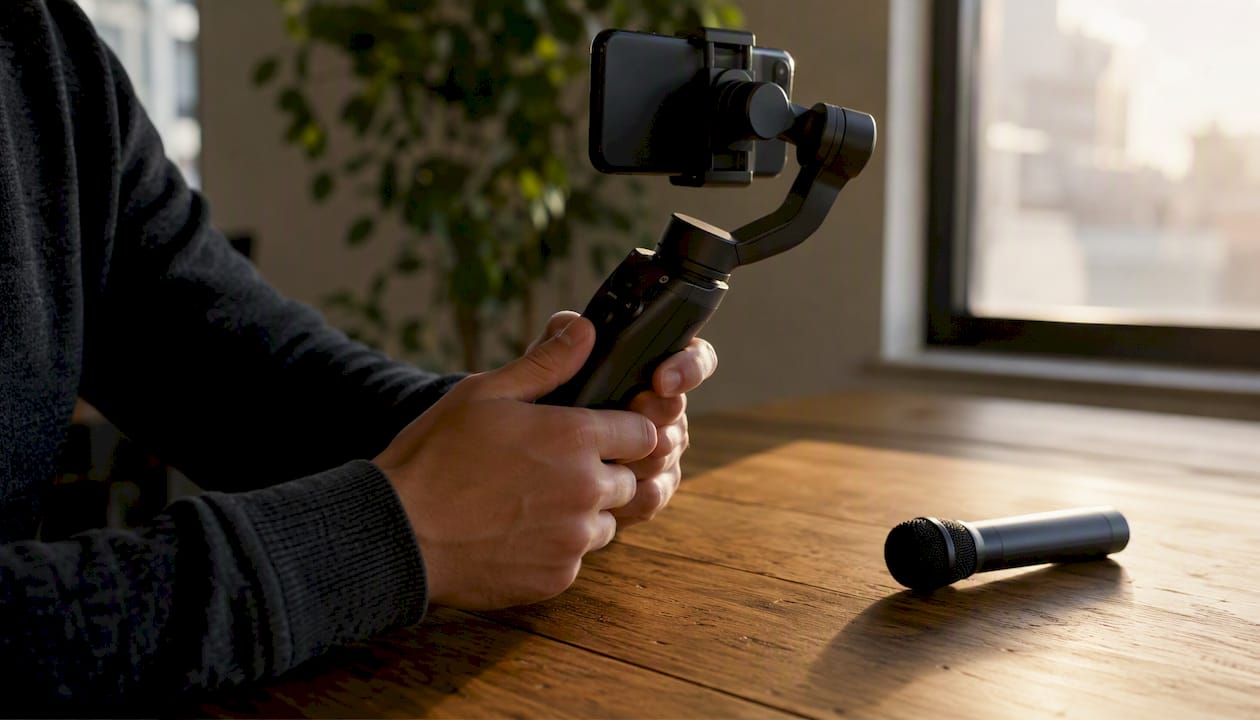 Hands operating smartphone gimbal stabilizer