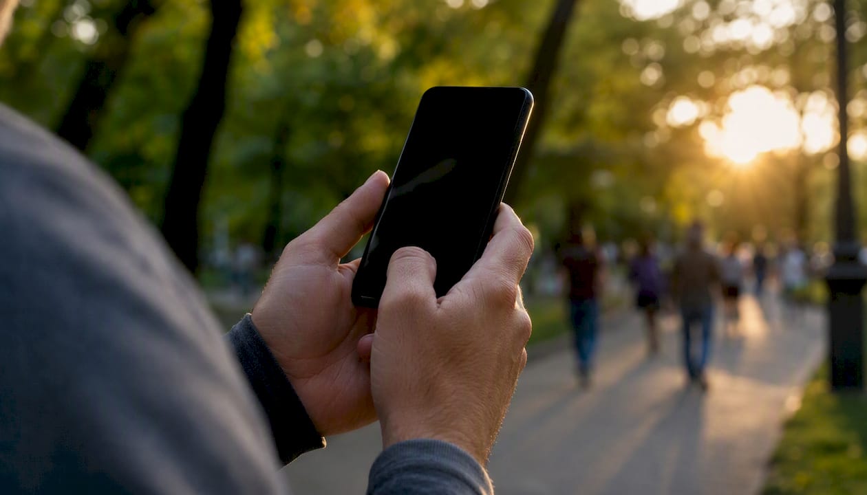 Hands holding phone streaming vertical video outdoors