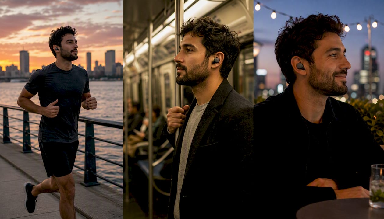 Wearable headphones shown in lifestyle contexts