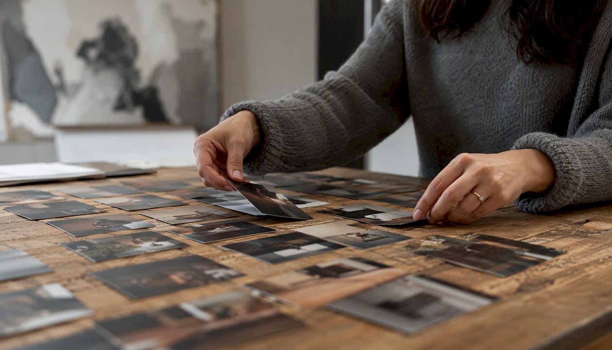 Hands choosing video clips on table