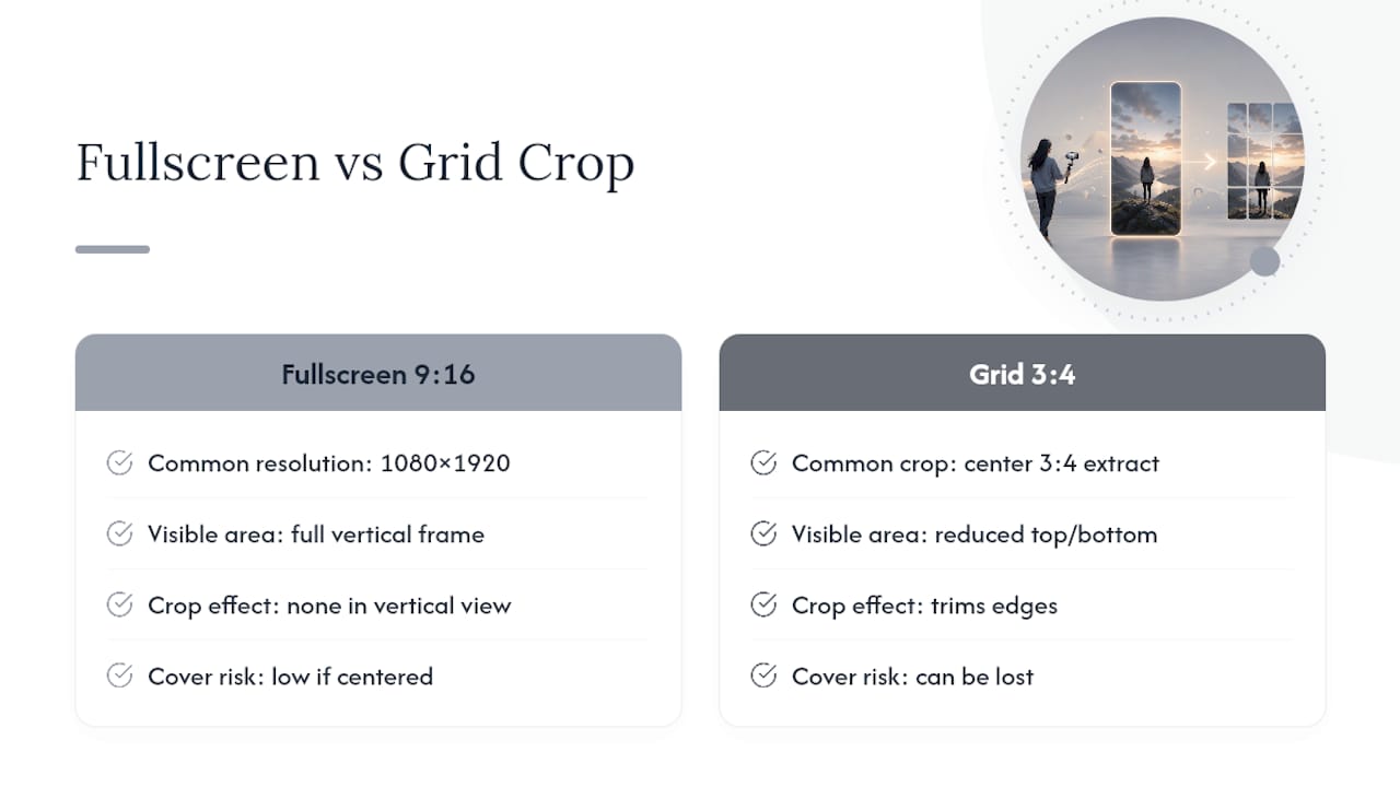 Diagram showing safe zones for fullscreen and grid cropping in vertical videos
