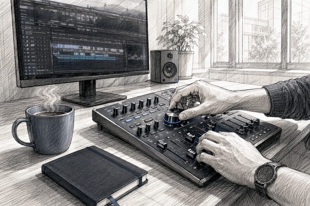 Hands adjusting video bitrate on mixing console
