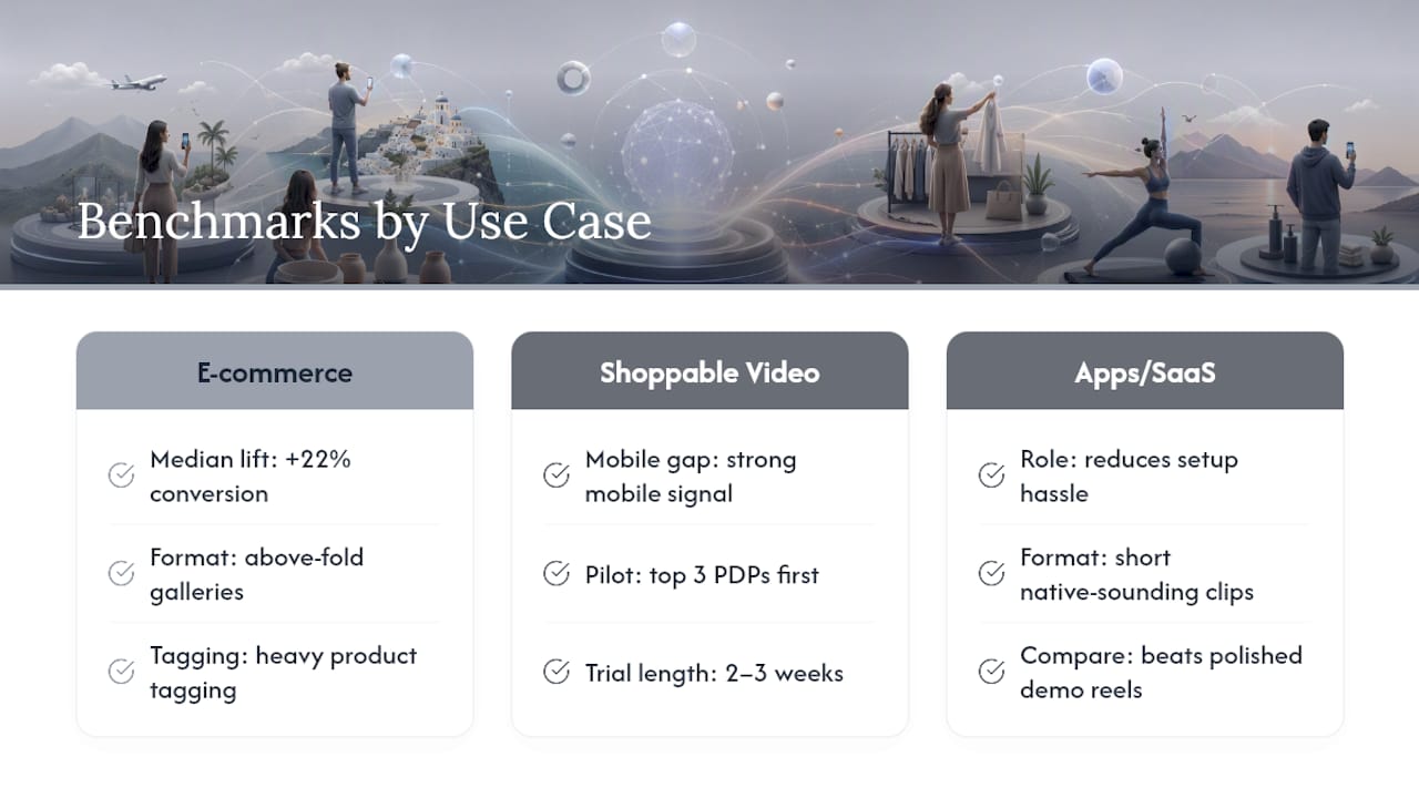 Benchmarks By Use Case: Ecommerce, Shoppable Video, and App/SaaS — overview diagram