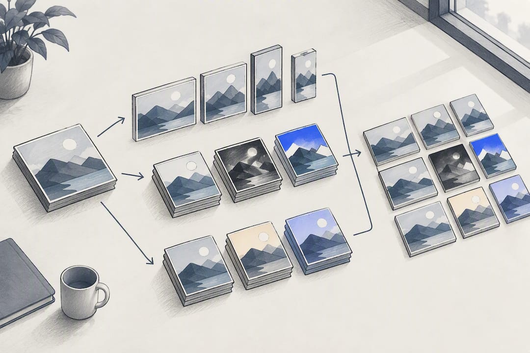 Creative asset workflow multiplying into variants