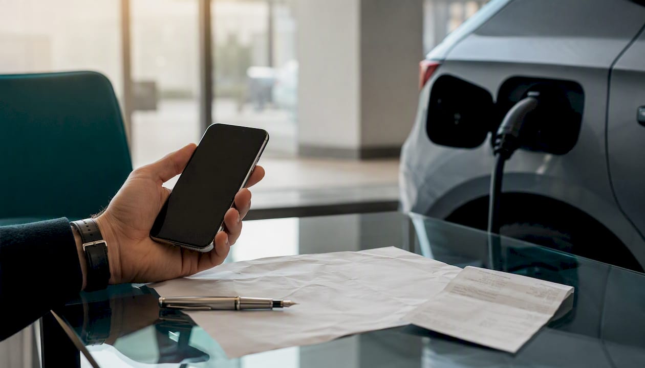 Hand holding phone over desk with car charging port edge