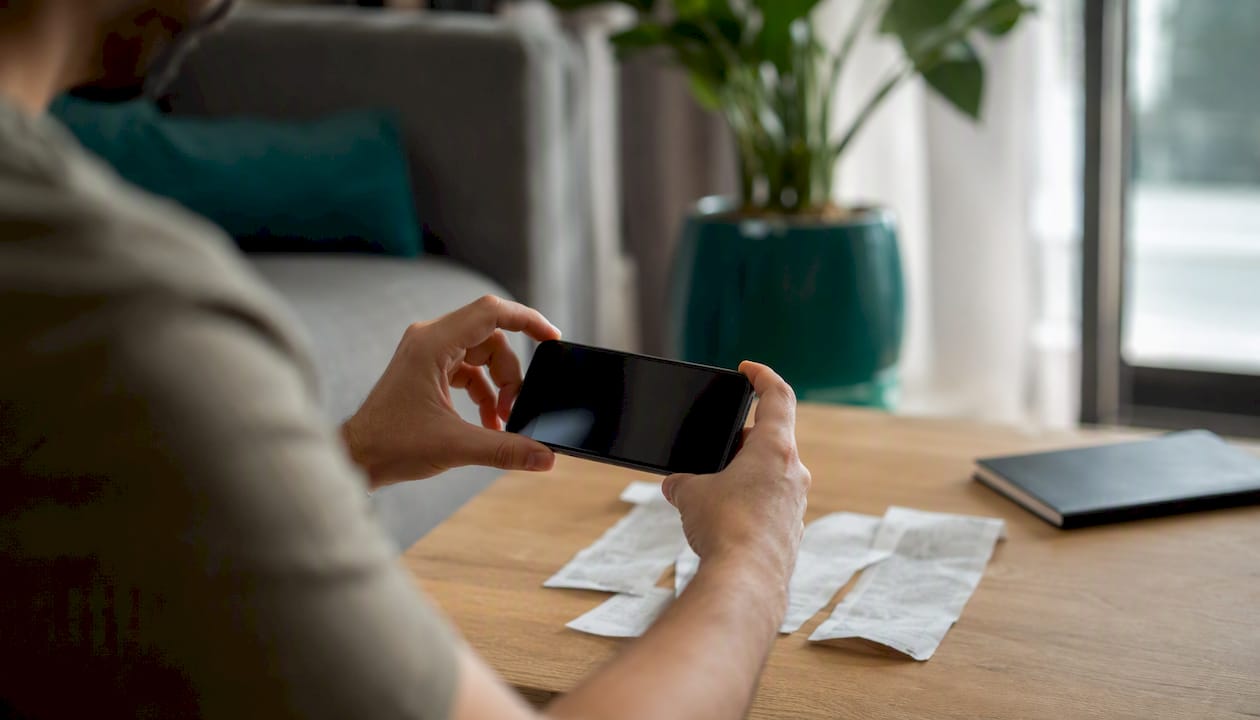 Hands scanning receipts with phone on desk