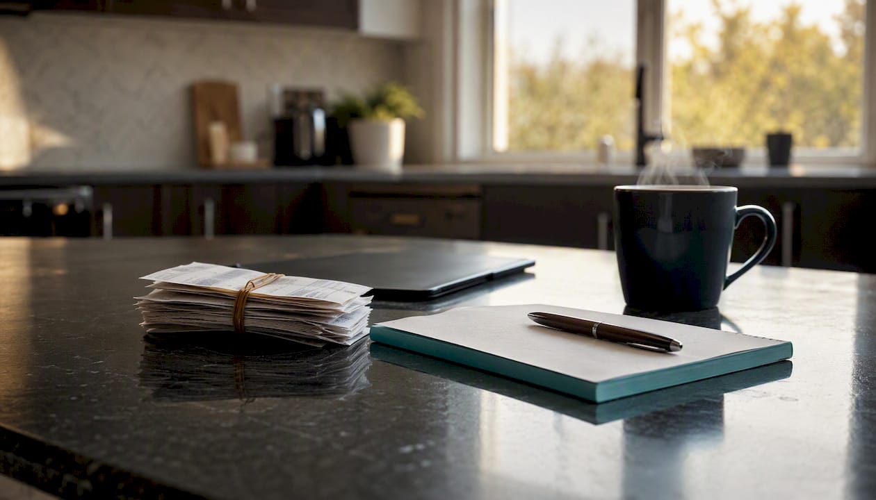 Organized desk with receipts and tools