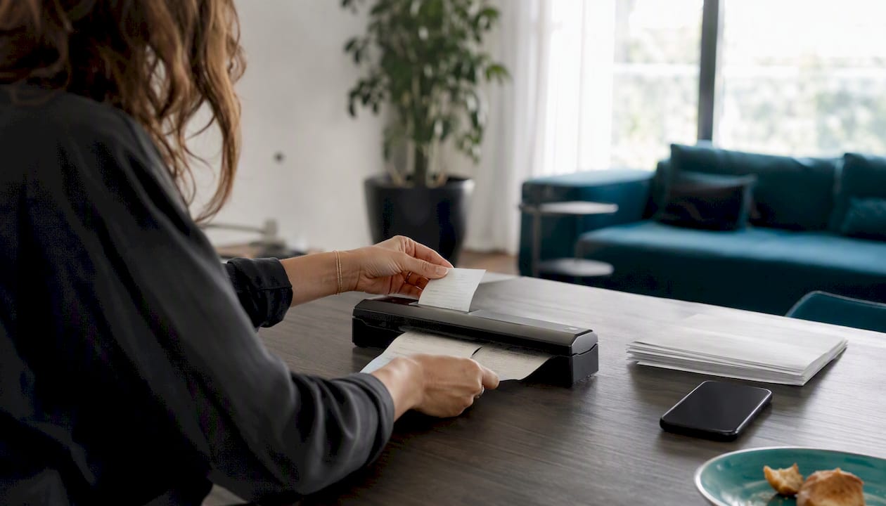 Hands organizing rental receipts beside laptop