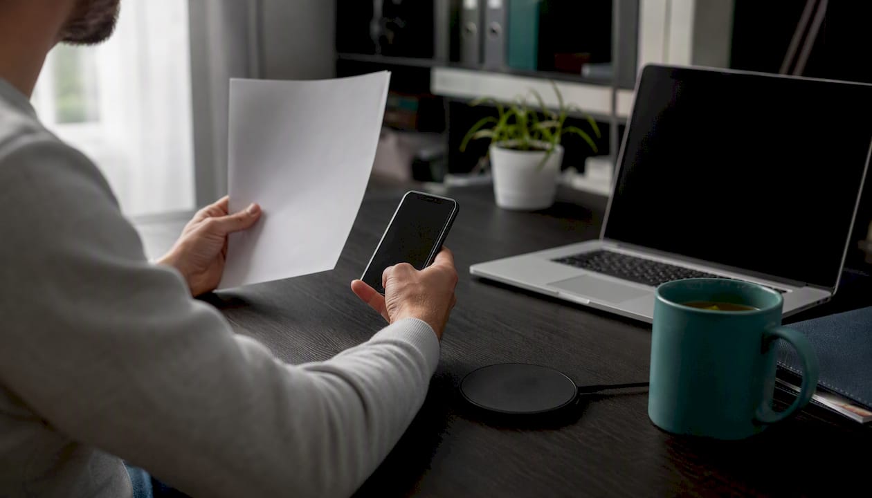 Hands holding smartphone and bank statement at home desk