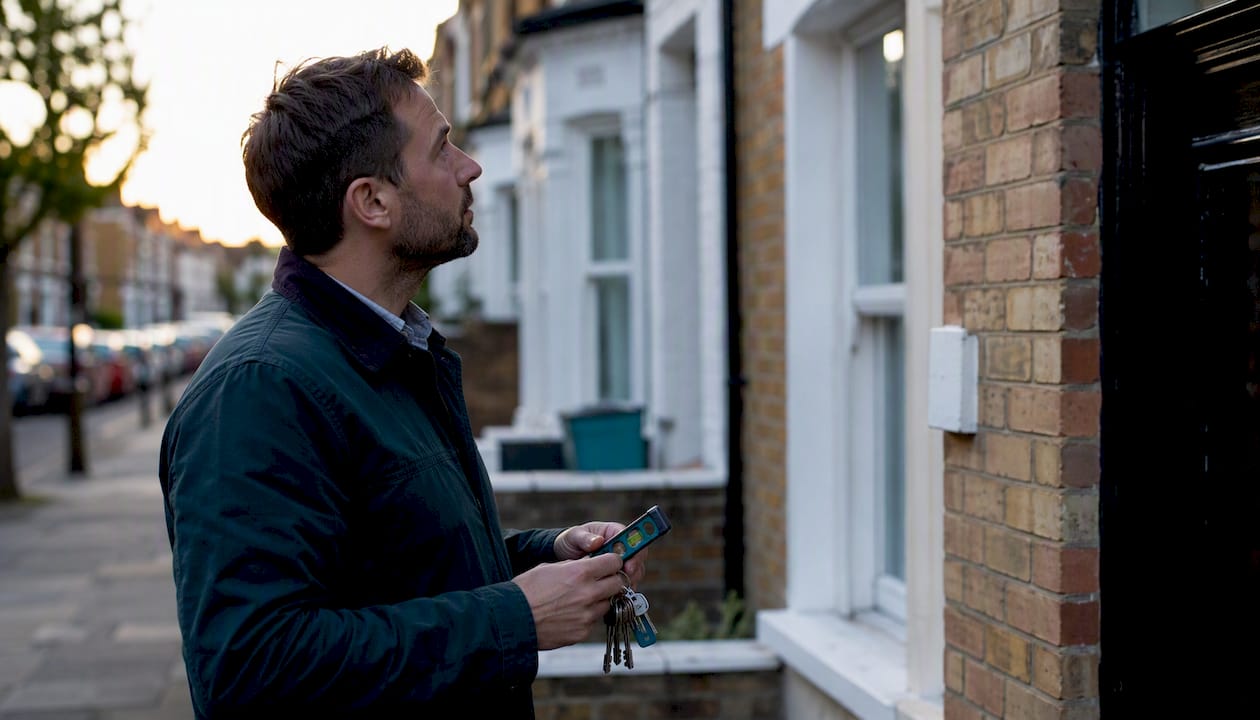 Landlord holding keys inspecting property exterior