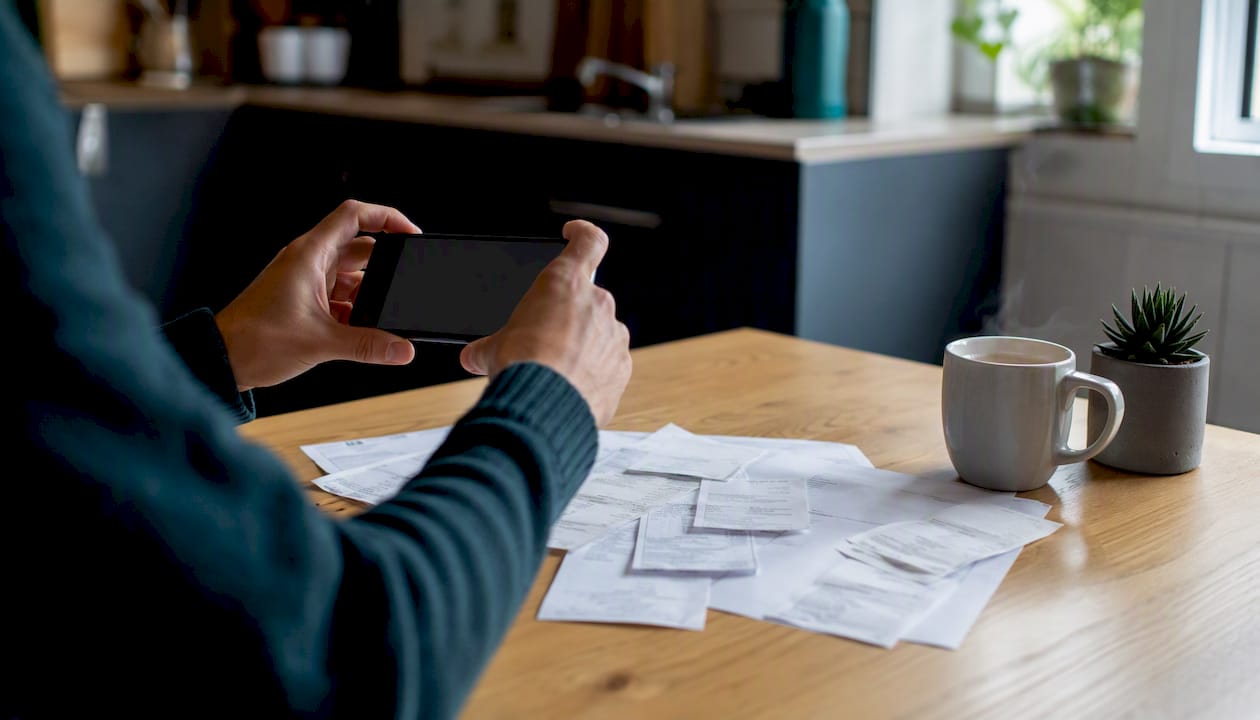 Hands capturing rental receipts with phone camera
