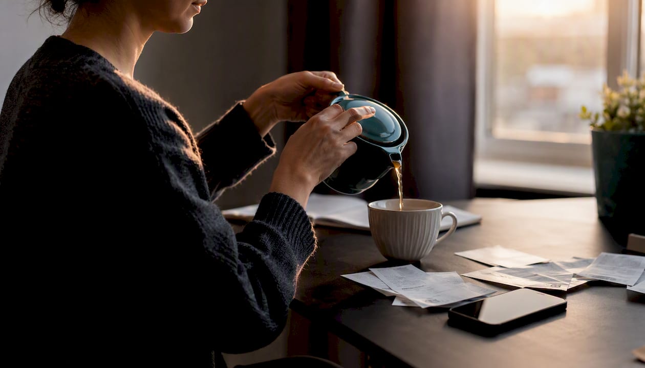 Hands pouring tea amid tax paperwork
