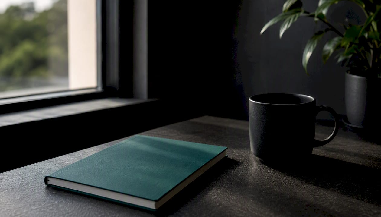 Modern workspace with teal notebook and coffee mug
