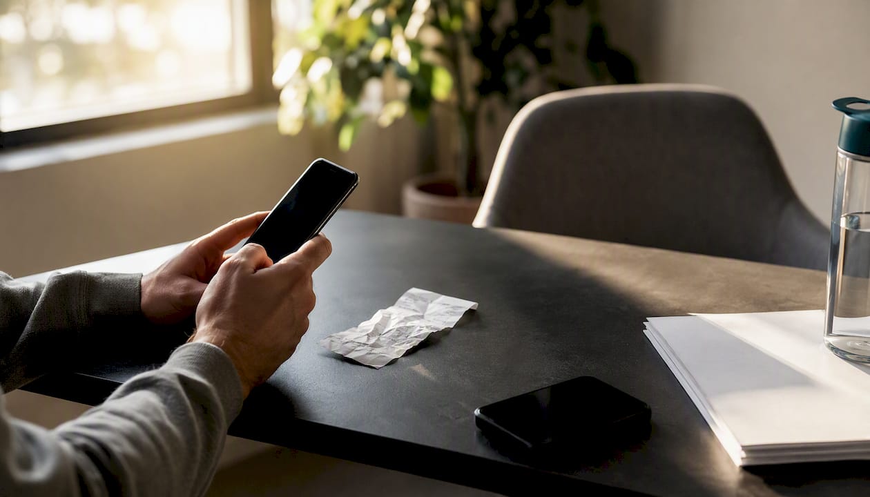 Hand scanning receipt with smartphone over desk